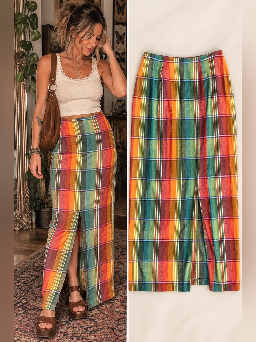 Studio C Linen Blend Madras Plaid Maxi Skirt Size 8 Boho 90s Art Teacher Vintage